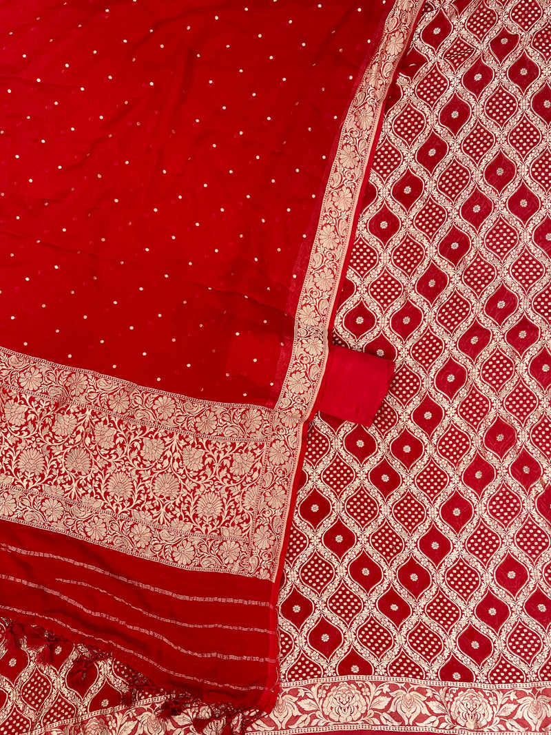 Red Pure Khaddi Georgette Banarasi Dress material - The Handlooms