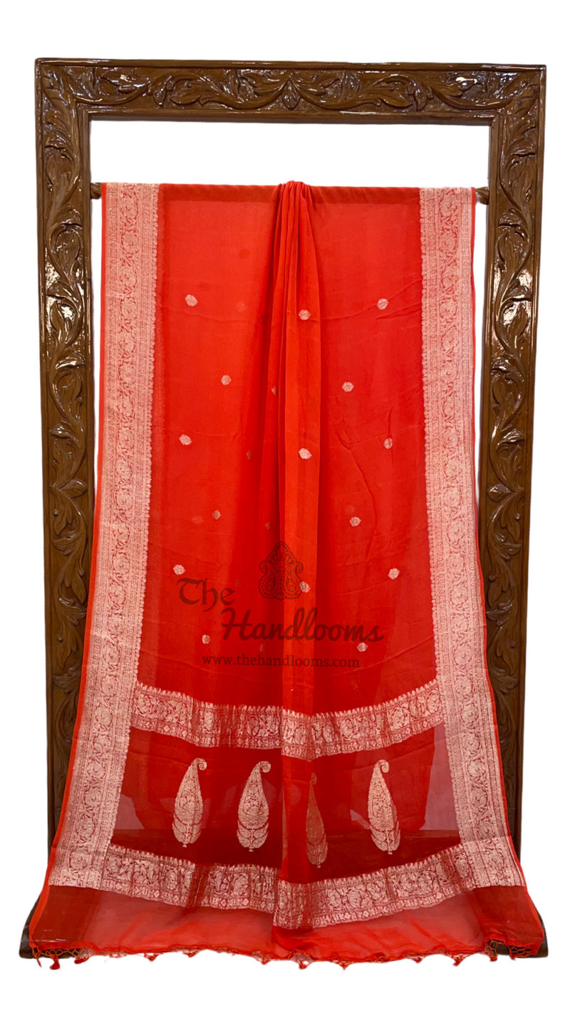 Pure Georgette Banarasi Handloom Saree - Orange - The Handlooms