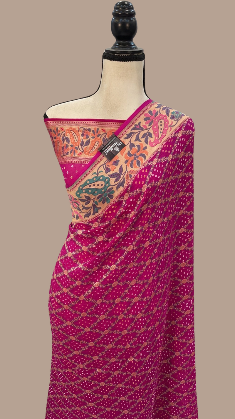 Pure Georgette Banarasi Bandhej Handloom Saree - with meenakari work - The Handlooms