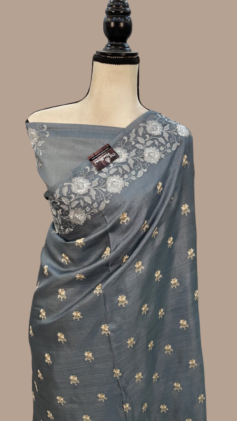 Tussar Silk Handloom Banarasi Saree With Chikankari - The Handlooms