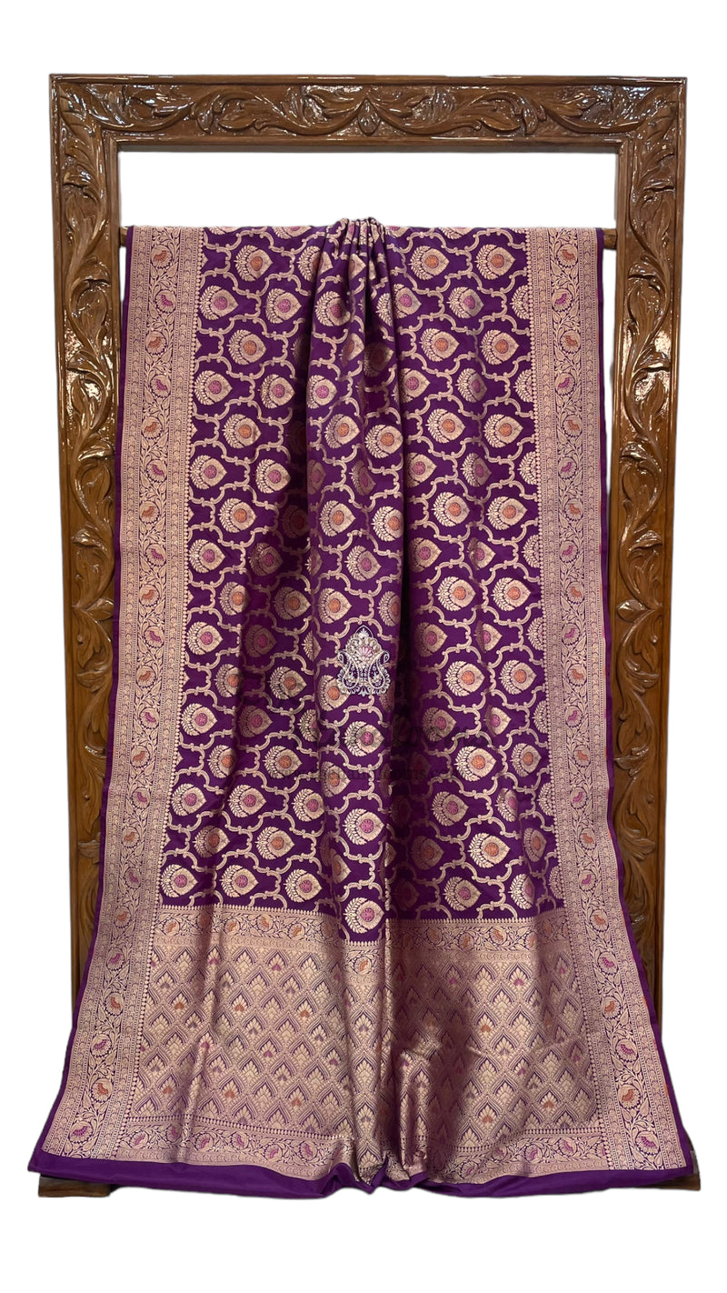 Purple Pure Katan Silk Banarasi Handloom Saree - All over Sona Roopa Jaal work - The Handlooms