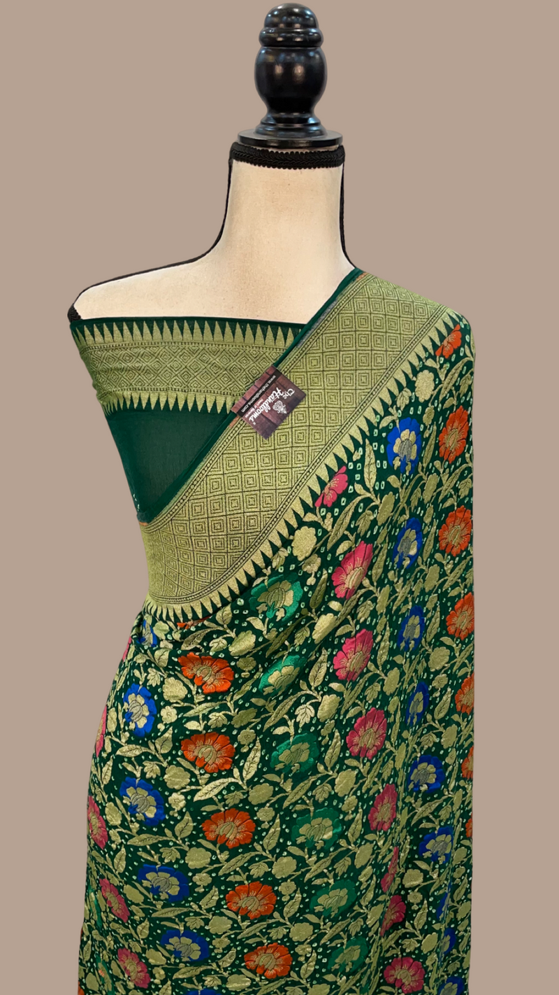 Pure Georgette Banarasi Bandhej Handloom Saree - with meenakari work - The Handlooms