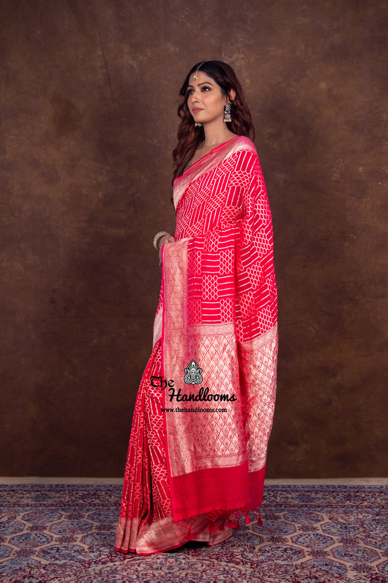 Hot Pink Pure Khaddi Georgette Handloom Banarasi Saree - The Handlooms