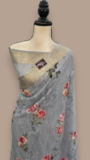 Pure Georgette  Digital Print with Chikankari Handloom Banarasi Saree - The Handlooms