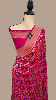Pure Georgette Banarasi Bandhej Handloom Saree - with meenakari work - The Handlooms