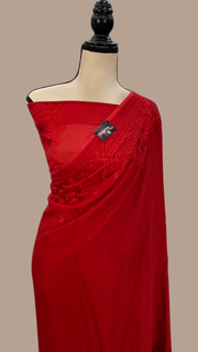 Red Pure Georgette Chikankari Handloom Banarasi Saree - The Handlooms