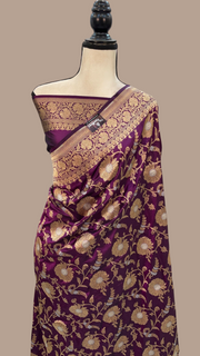 Dark Purple Pure Katan Silk Banarasi Handloom Saree - All over Sona Roopa Jaal work - The Handlooms