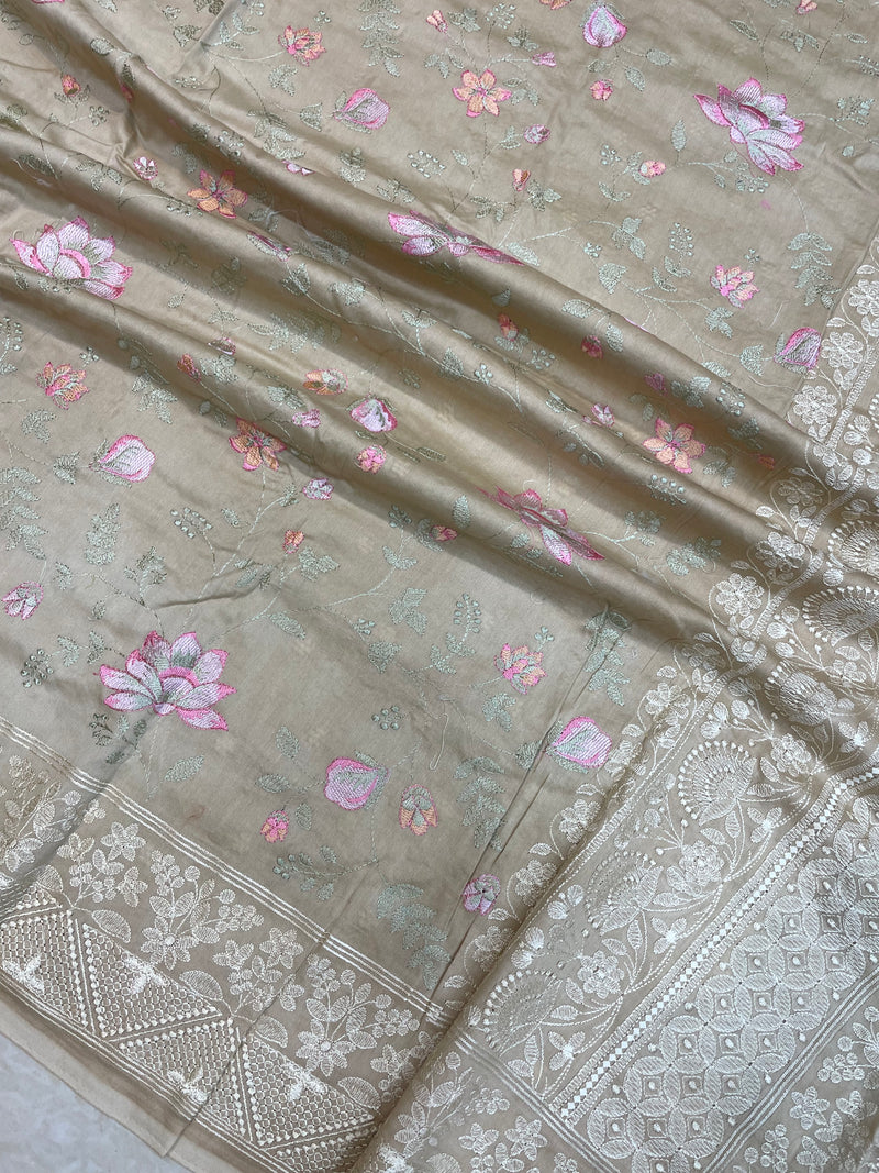 Pure Chiniya Silk Handloom Banarasi Saree With Chikankari - The Handlooms
