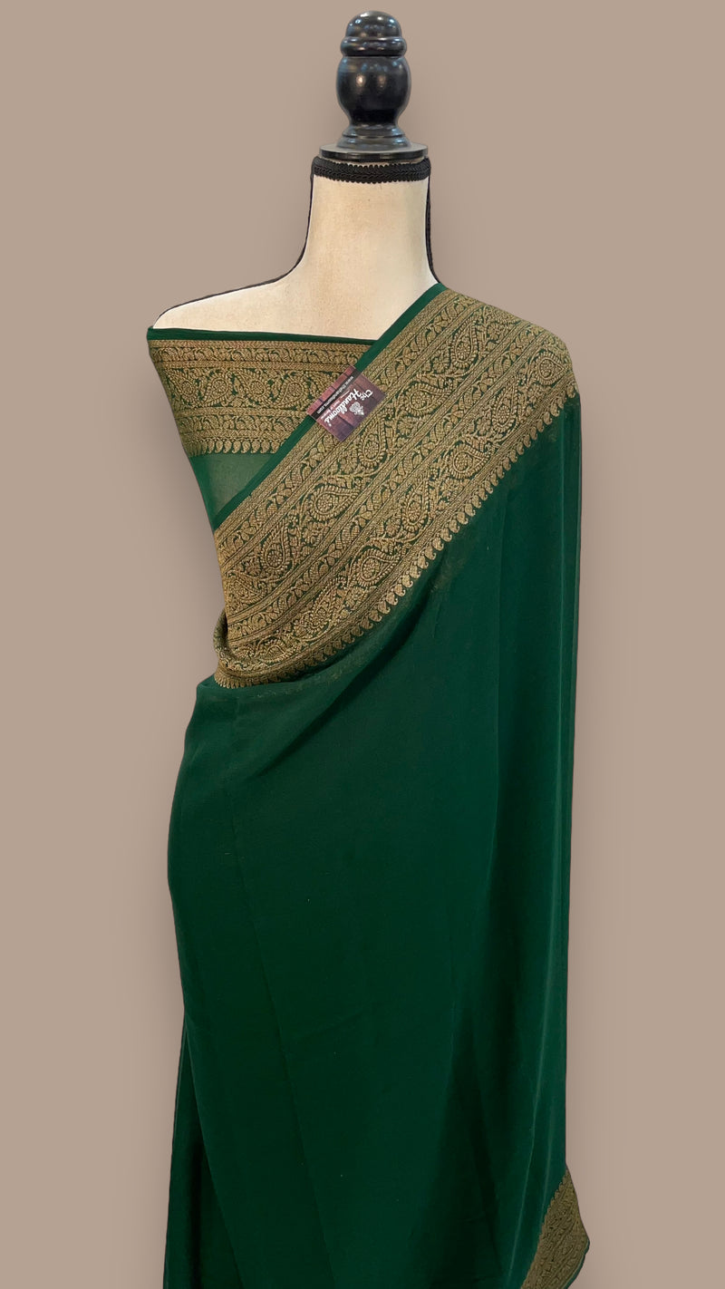 Green Pure Khaddi Georgette Handloom Banarasi Saree - The Handlooms