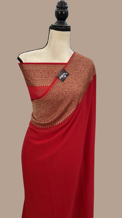 Red Khaddi Georgette Handloom Banarasi Saree -  Antique zari