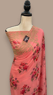 Pure Georgette Digital Print with Chikankari Handloom Banarasi Saree - The Handlooms