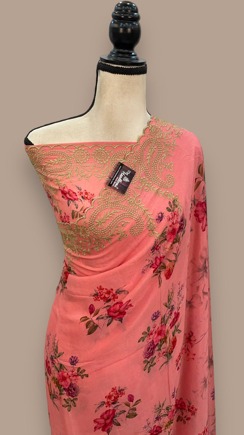 Pure Georgette Digital Print with Chikankari Handloom Banarasi Saree - The Handlooms