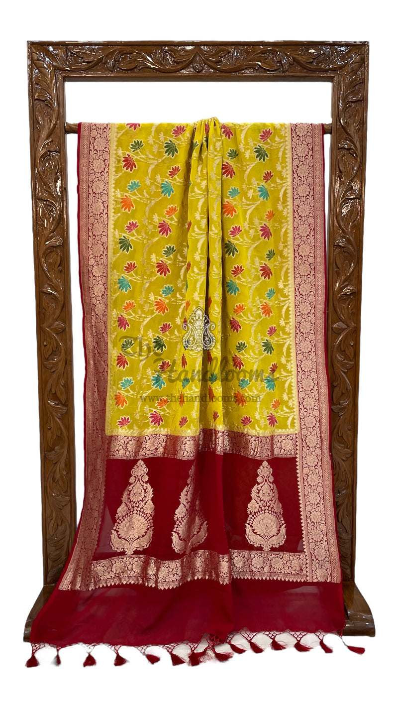 Yellow Khaddi Georgette Handloom Banarasi Saree - All over Jaal Work With Meenakari - The Handlooms