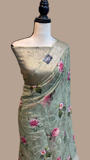 Pure Georgette  Digital Print with Chikankari Handloom Banarasi Saree - The Handlooms