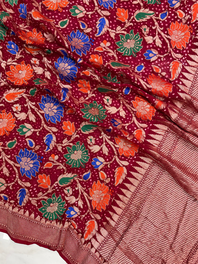 Pure Georgette Banarasi Bandhej Handloom Saree - with meenakari work - The Handlooms