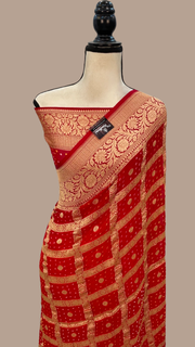 Red Pure Georgette Banarasi Bandhej Handloom Saree - The Handlooms