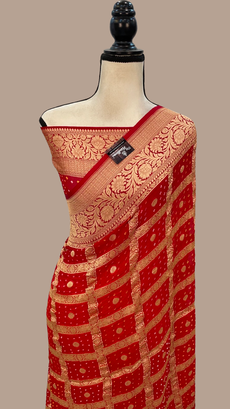 Red Pure Georgette Banarasi Bandhej Handloom Saree - The Handlooms