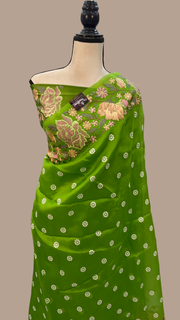 Green Pure Organza Chikankari Handloom Banarasi Saree - The Handlooms