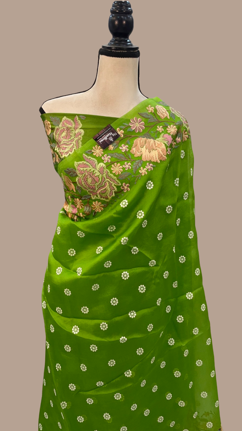Green Pure Organza Chikankari Handloom Banarasi Saree - The Handlooms