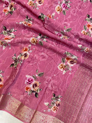 Pure Georgette  Digital Print with Chikankari Handloom Banarasi Saree - The Handlooms