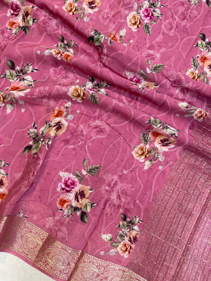 Pure Georgette  Digital Print with Chikankari Handloom Banarasi Saree - The Handlooms