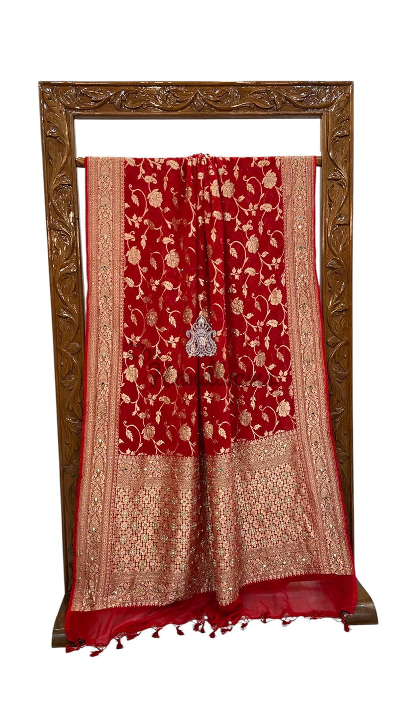 Pure Khaddi Georgette Handloom Banarasi Saree with Handwork: Gota Patti, Zardozi, Diamond Chain, Katdana, and Abla Detailing