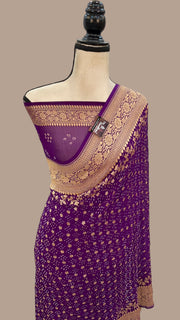 Purple Pure Georgette Banarasi Bandhej Handloom Saree - The Handlooms