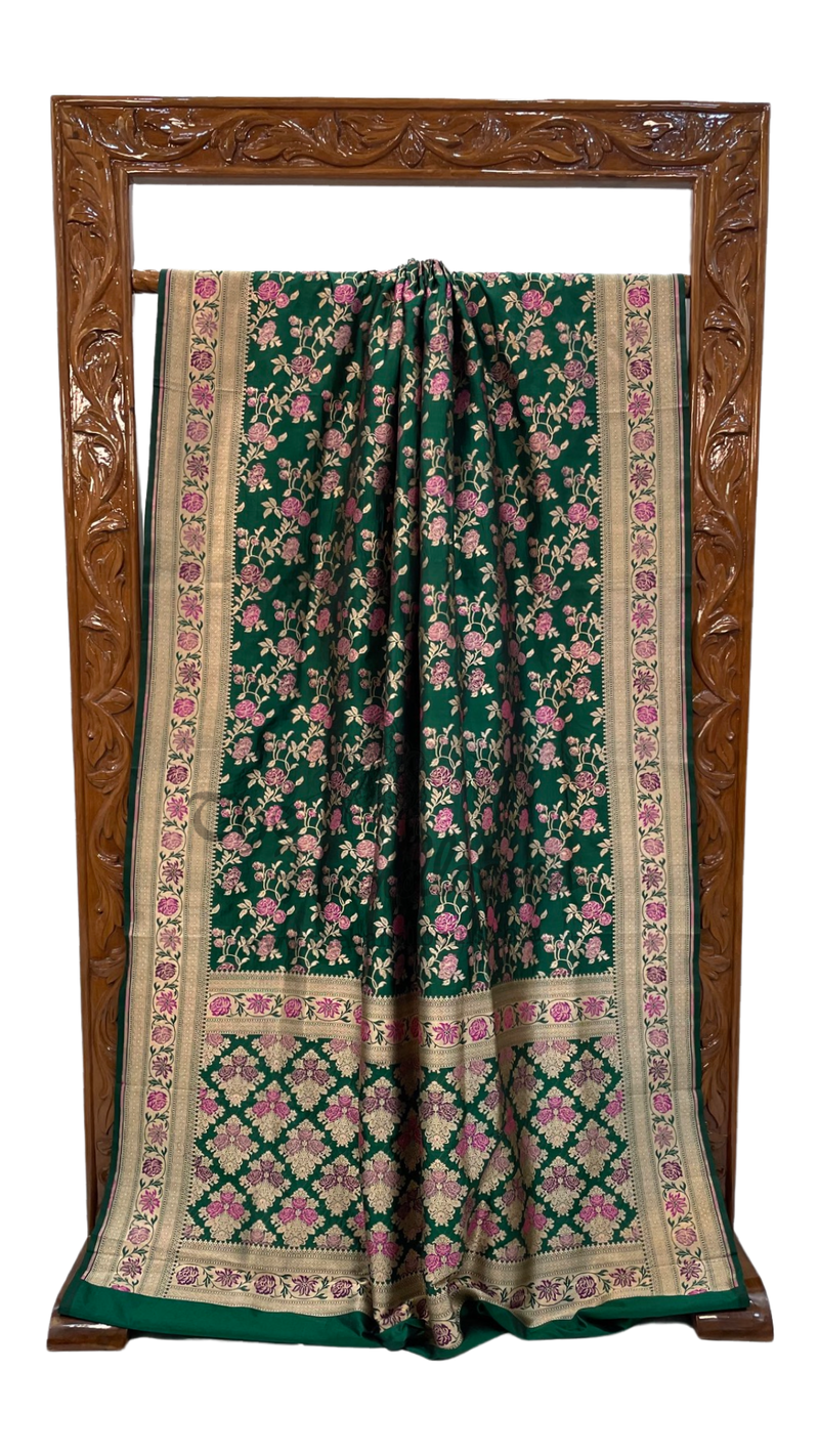 Green Pure Katan Silk Banarasi Handloom Saree - All over Jaal work with meenakari - The Handlooms
