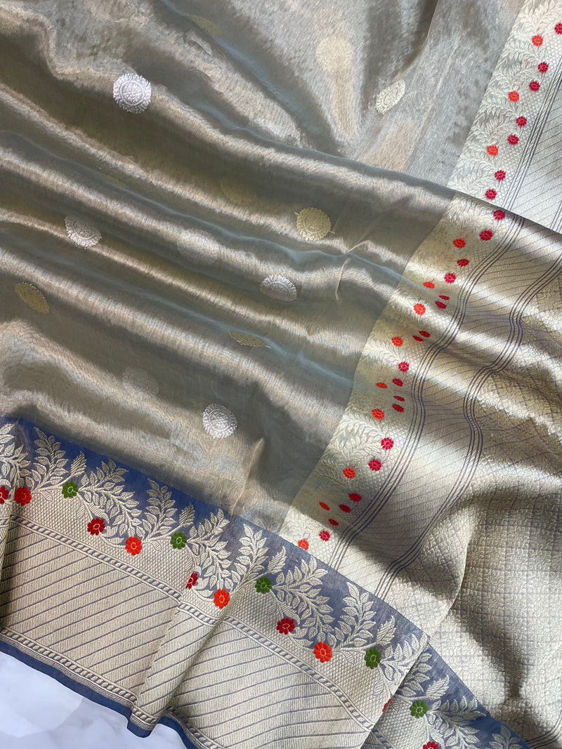 Pure Kora Katan Silk Banarasi Handloom Saree - All over kadua motifs With Meenakari - The Handlooms