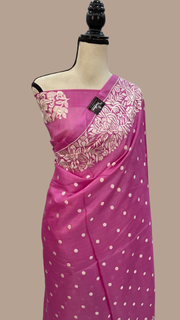 Pink Pure Tussar Silk Handloom Banarasi Saree With Chikankari - The Handlooms