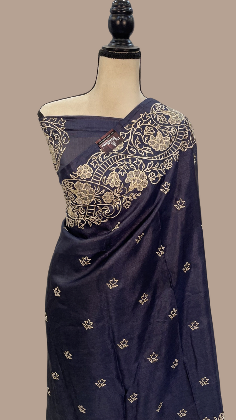 Tussar Silk Handloom Banarasi Saree With Chikankari - The Handlooms