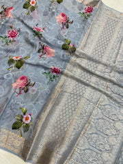 Pure Georgette  Digital Print with Chikankari Handloom Banarasi Saree - The Handlooms