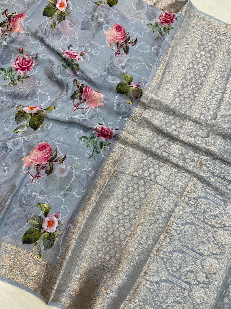 Pure Georgette  Digital Print with Chikankari Handloom Banarasi Saree - The Handlooms