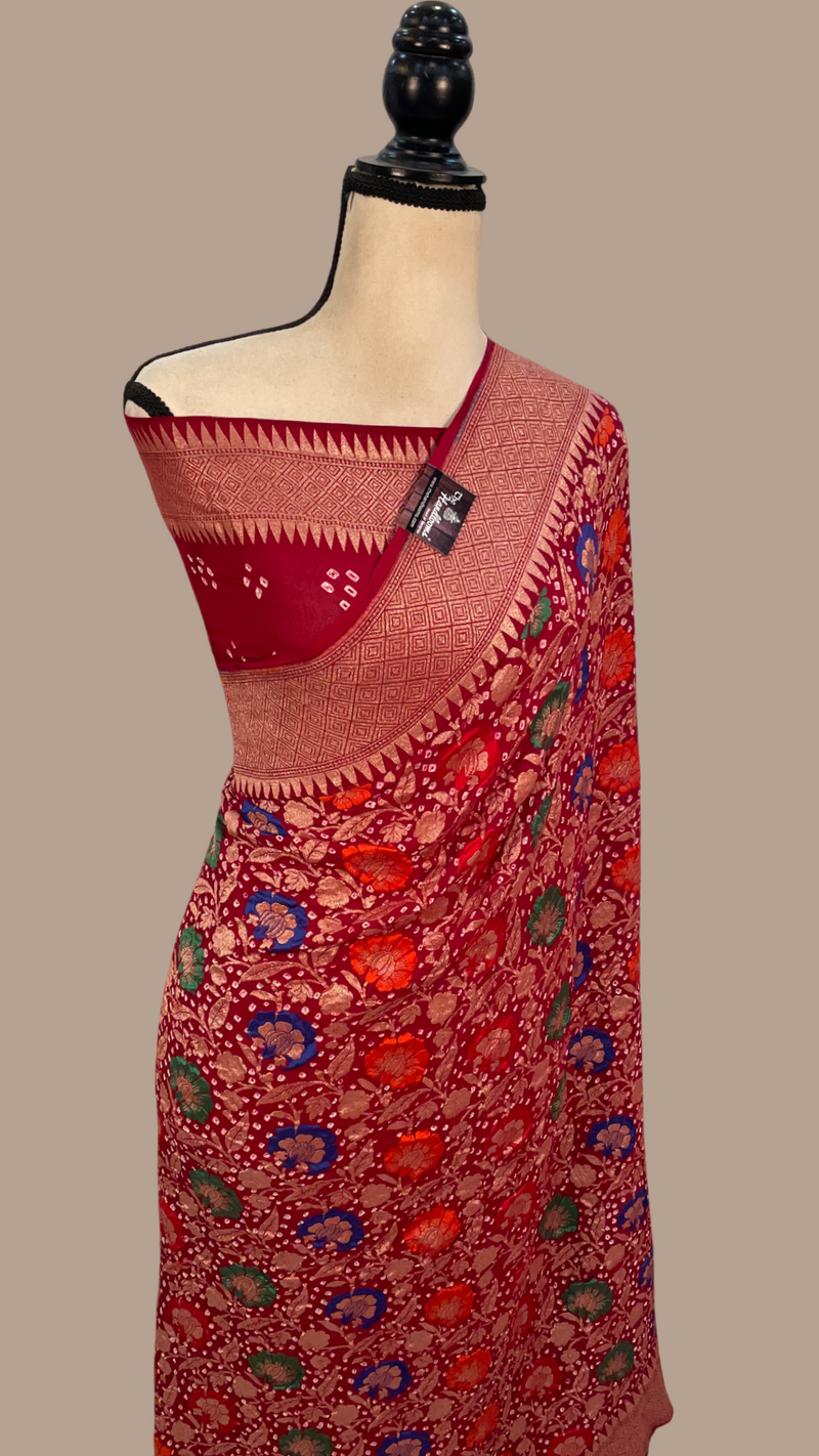 Pure Georgette Banarasi Bandhej Handloom Saree - with meenakari work - The Handlooms