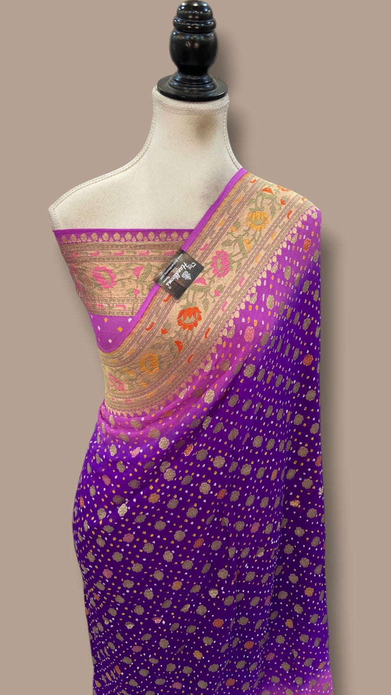 Pure Georgette Banarasi Bandhej Handloom Saree - Meenakari