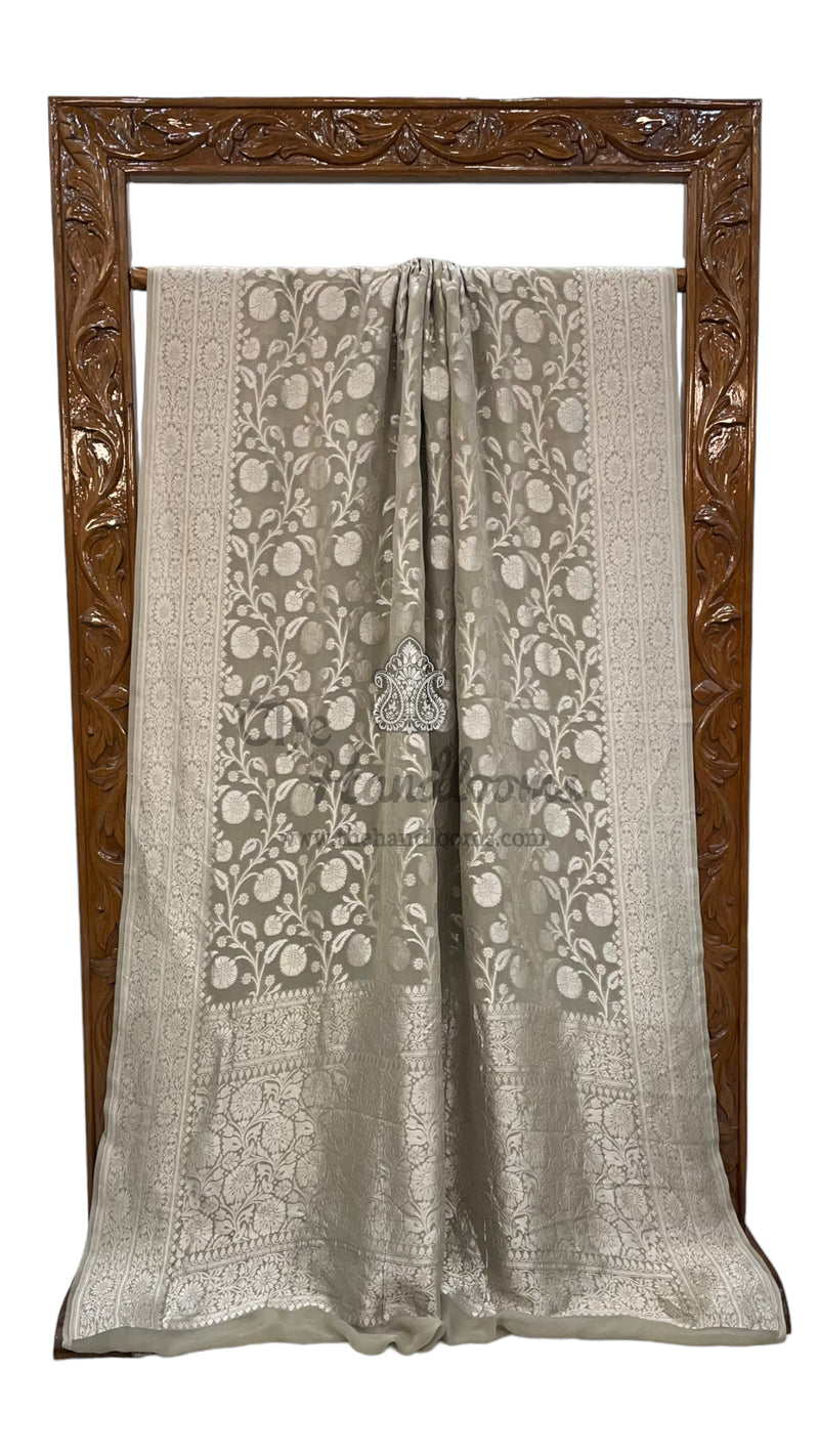 Ivory Khaddi Georgette Banarasi Saree with all silver zari jaal work - The Handlooms