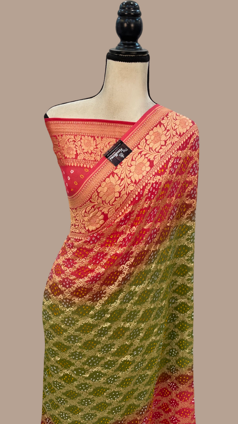 Dual Shade Pure Georgette Banarasi Bandhej Handloom Saree - The Handlooms
