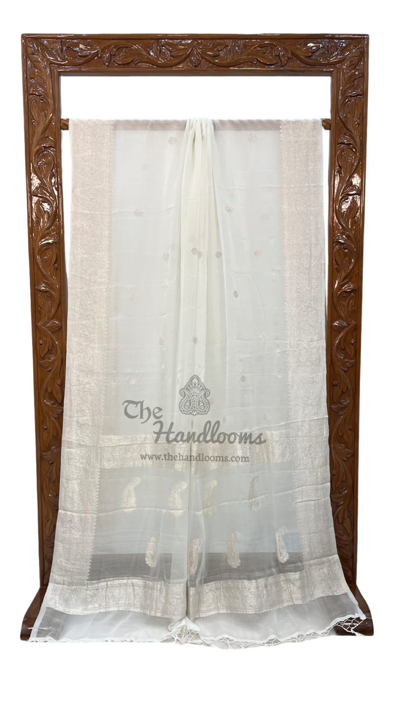 Pure Georgette Banarasi Saree - White - The Handlooms