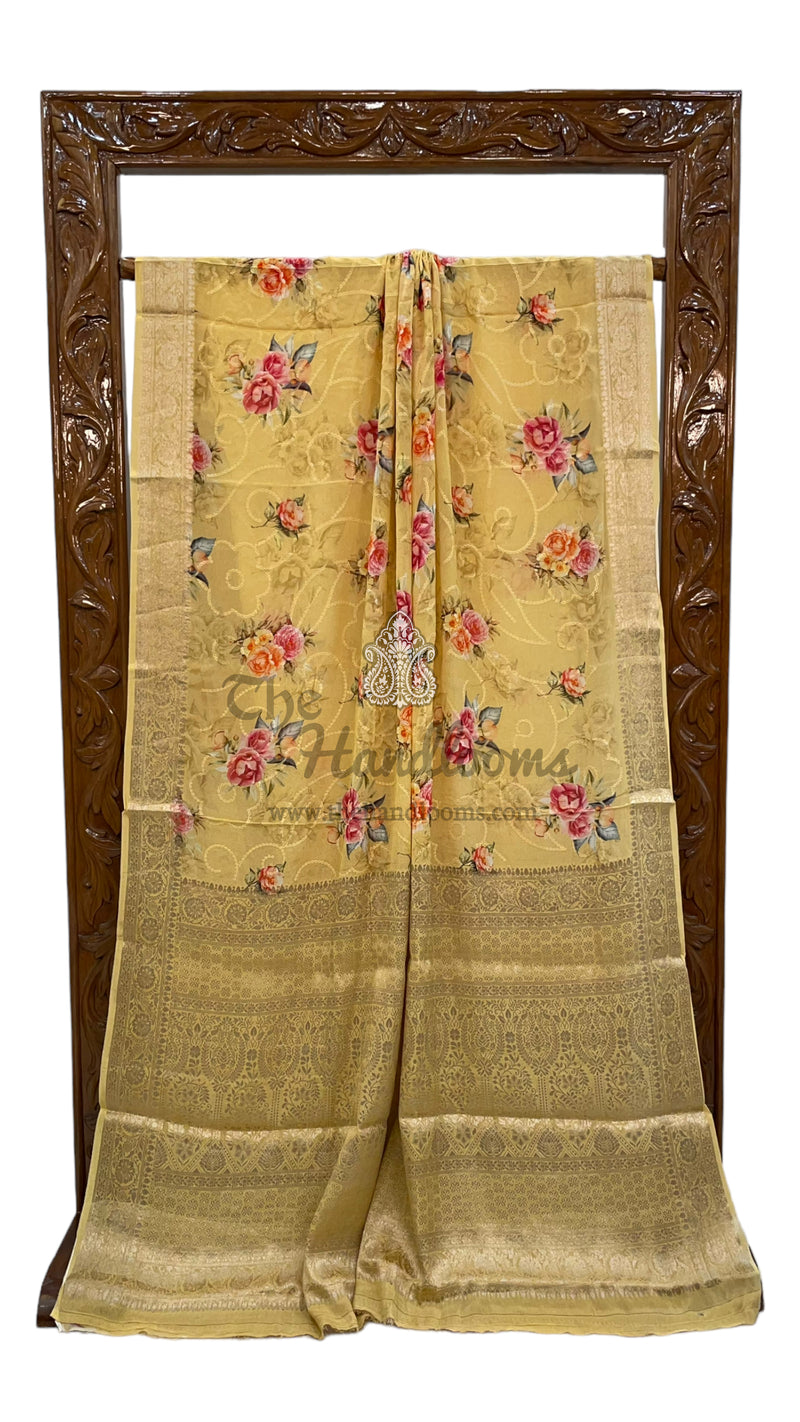 Pure Georgette Digital Print with Chikankari Handloom Banarasi Saree - The Handlooms