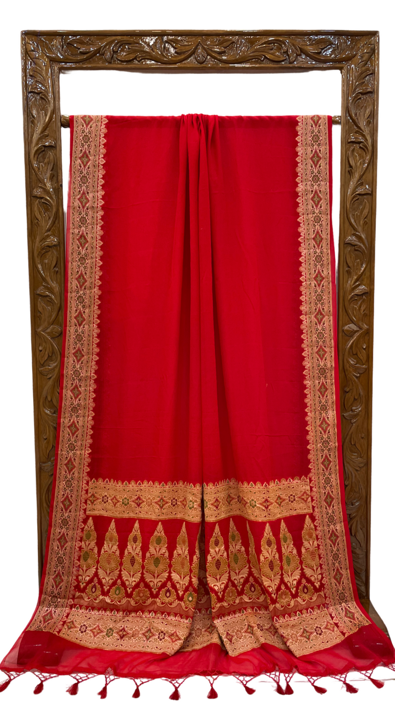 Red Pure Chiffon Khaddi Banarasi Saree - The Handlooms