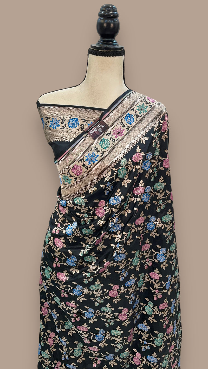 Black Pure Katan Silk Banarasi Handloom Saree - All over Jaal work with Meenakari - The Handlooms