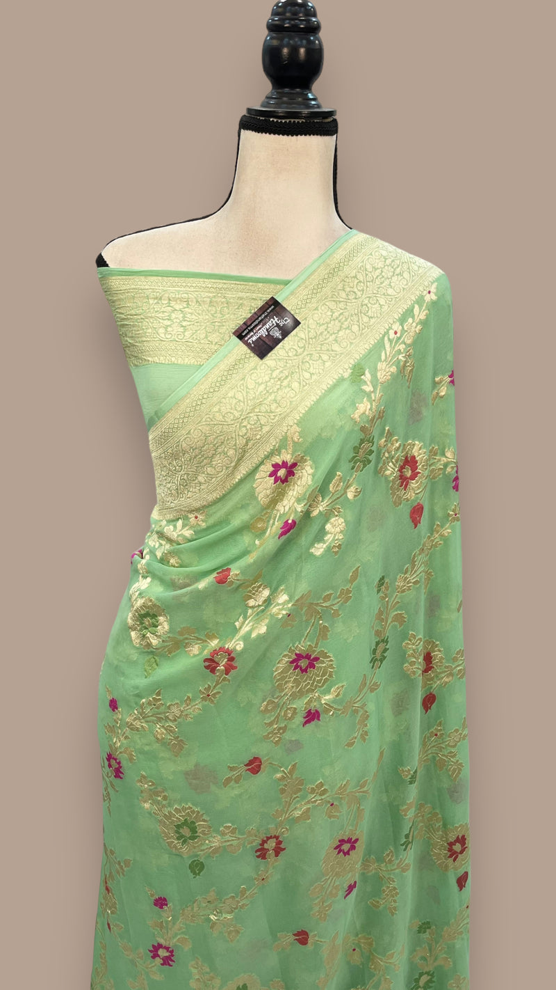 Pista Green Khaddi Georgette Handloom Banarasi Saree - All over Jaal Work with meenakari - The Handlooms