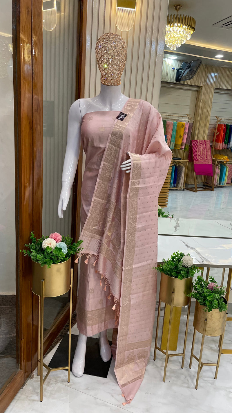 Onion Pink Pure Chiniya Silk Handlooms Banarasi Dress material - The Handlooms