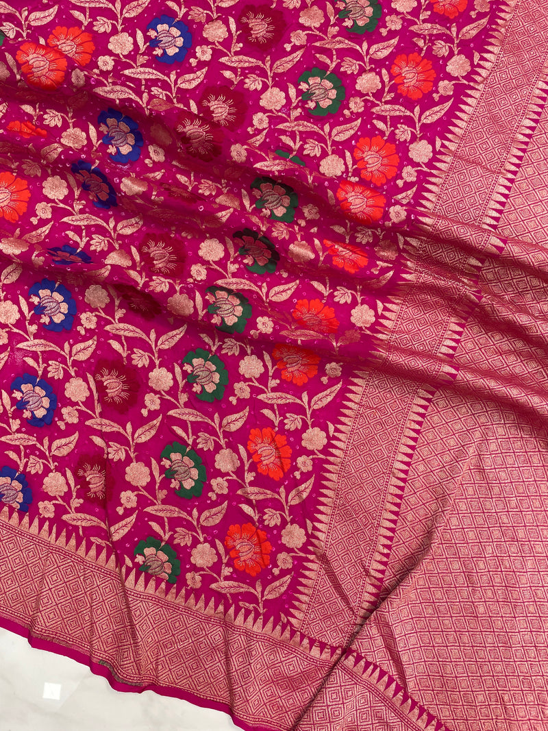 Pure Georgette Banarasi Bandhej Handloom Saree - with meenakari work - The Handlooms