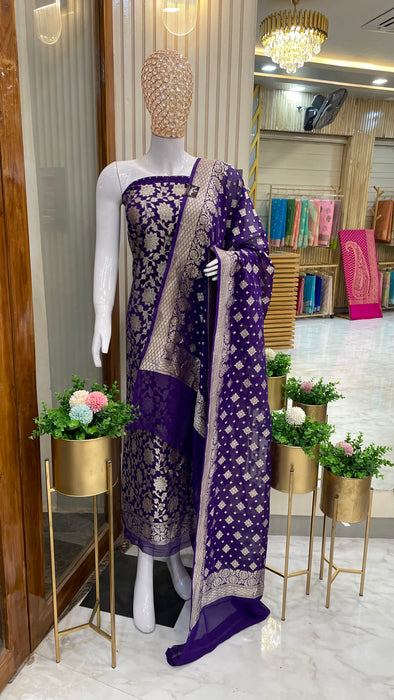 Purple Pure Khaddi Georgette Handlooms Banarasi Dress material