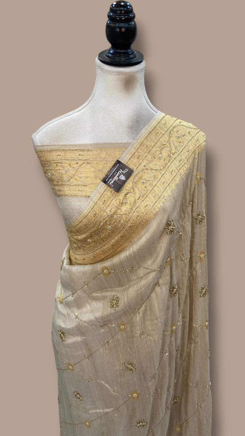 Pure Tussar Georgette Handloom Banarasi Saree with Handwork: Gota Patti, Zardozi, Diamond Chain, Katdana, and Abla Detailing