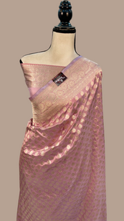 Onion Pink Pure Katan Silk Banarasi Handloom Saree - All over motifs - The Handlooms