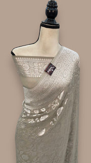Ivory Khaddi Georgette Banarasi Saree with all silver zari jaal work - The Handlooms