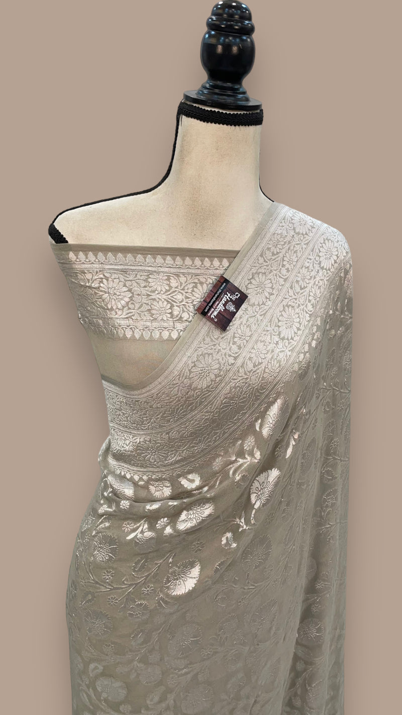 Ivory Khaddi Georgette Banarasi Saree with all silver zari jaal work - The Handlooms