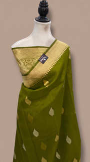 Dark Olive Green Pure Kora Handloom Banarasi Saree - Sona Roopa Alfi Kadua Boota - The Handlooms